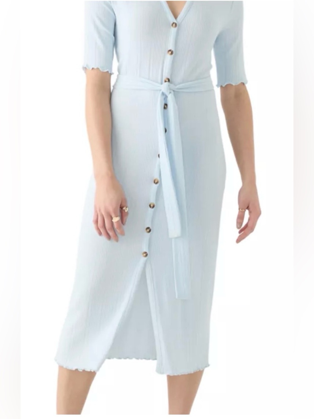 Oak & Trellis Light Blue Button-Front Knit Midi Dress with Belt